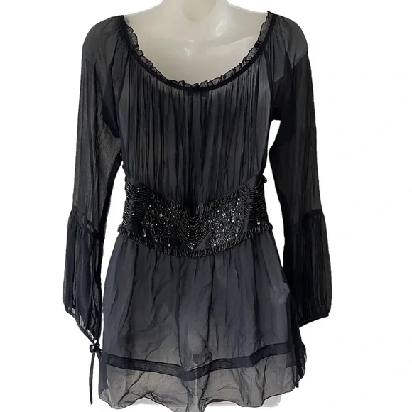 PINKO sheer blouse long sleeve princess waist rhinestone Whimsy goth - Picture 2 of 14